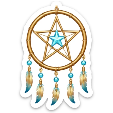 Star-shaped golden bright divine shimmering shiny sparkly glittery glowing glossy dreamcatcher with cyan beads sticker