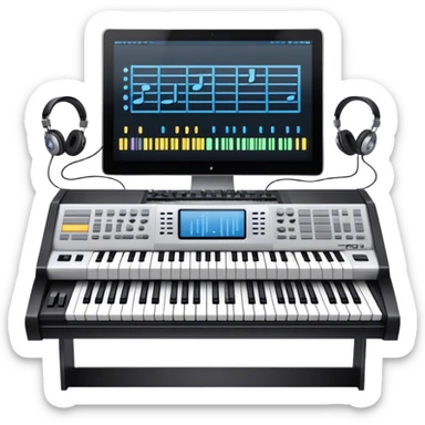 Create a professional and artistic emoji that represents writing music tracks. The design should feature a large monitor displaying musical notes or a score, positioned in front of a professional Korg synthesizer. Add elements like studio headphones, a MIDI keyboard, and an audio interface to symbolize the tools used in music production. Use sleek, modern colors like silver, black, and neon accents to convey the professional environment of music composition. The background should be transparent. sticker