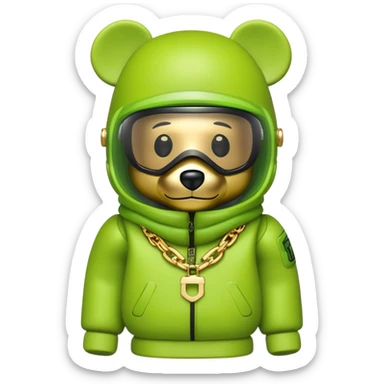 bearbrick wearing lime balaclava with graffiti logos where eye area is replaced by one continuous shield visor lens that's part of the mask, not separate eyewear, puffy coat with fur trim, gold chains sticker