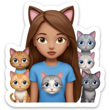 a pretty bratz dusky light skin girl with long brown hair, blue eyes with six cats nd wearing a grey tshirt sticker