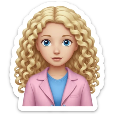 A white girl with long blonde curly hair and  eyes wearing light pink sticker