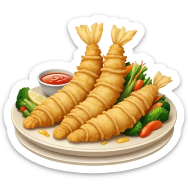 Cinematic Realistic Tempura Dish Emoji, depicted as lightly battered and fried seafood and vegetables rendered with delicate textures and crisp, inviting lighting. sticker