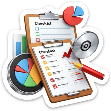 An icon featuring a pie chart, a clipboard with a checklist, and a megaphone, symbolizing management and marketing. The design includes upward-trending graphs and a target with an arrow, representing strategy and success. Transparent background highlights business organization and promotion. sticker