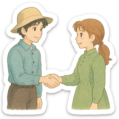 ghibli style character shaking hands, soft colors sticker