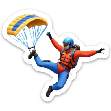 A base jumper soaring through the air, parachute deployed, flying off a steep mountain peak. The background is filled with majestic mountains, clear blue sky, and distant clouds, capturing the exhilarating thrill and beauty of extreme sports. sticker