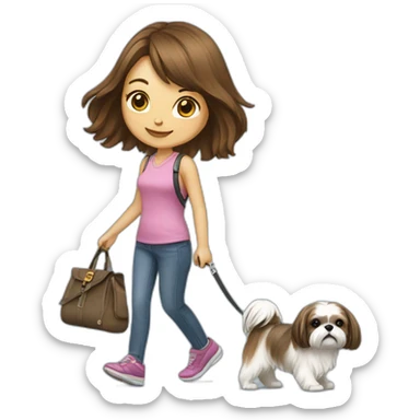 girl walking shih tzu on leash sticker