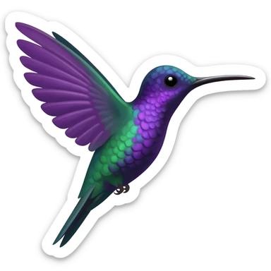Hummingbird hovering in flight, facing to the right, mostly violet, purple and green in color sticker