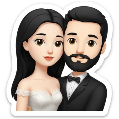 couple of newlyweds hugging, white skin man with black hair and beard; white skin woman with long black hair and black eyes sticker