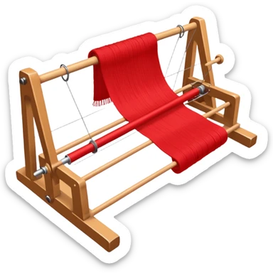 rigid heddle weaving loom set up for weaving a bright red scarf, with red yarn on a stick shuttle laying across the warp threads sticker