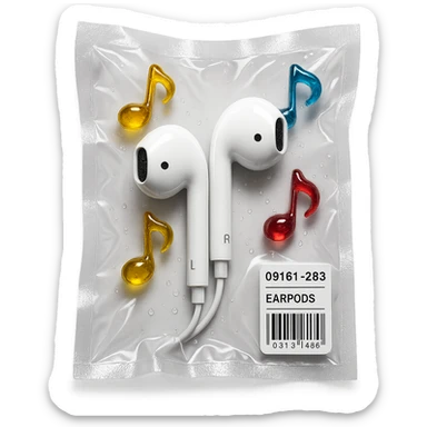 white EarPods headphones surrounded by exactly three small colorful glass music notes, glossy and puffy sticker