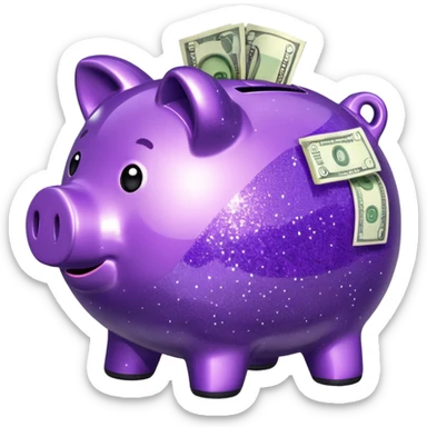 money in a glitter purple piggy bank sticker