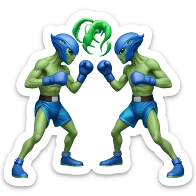 two aliens boxing in a fight stance, facing each other with raised gloves, dynamic action pose, intense expressions, sci-fi arena vibe, 3D cartoon style, mobile game icon style, clean background, no text, no watermark
 sticker