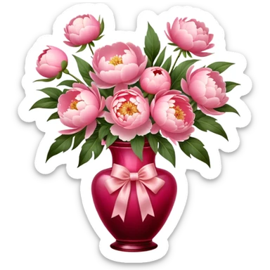A rich Venetian Red glass vase holds a bouquet of dreamy Shell Pink peonies. An Angel Pink silk bow wraps around it, blending softness and vintage elegance." sticker