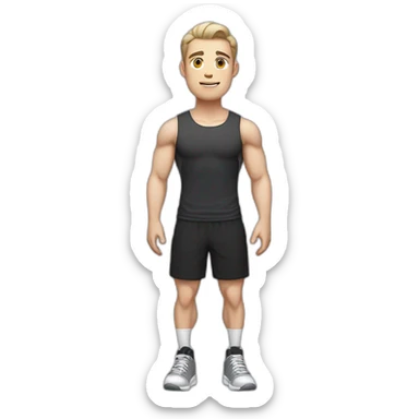 Pale skinned Fit Man With the biceps and dark brown hair in black shirt, gray sports shorts and white Sneakers sticker