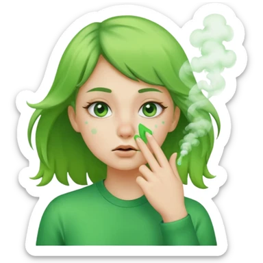 create a girl who is pinching her nose because she is smelling something bad with green fumes around her sticker