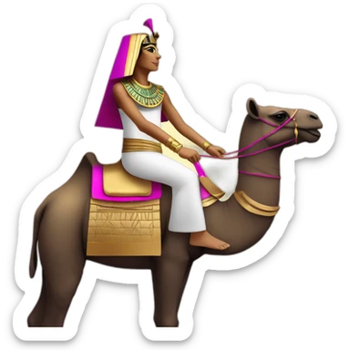 Egyptian pharaon on a camel,pyramids, tanned skin, golden magenta  costume sticker