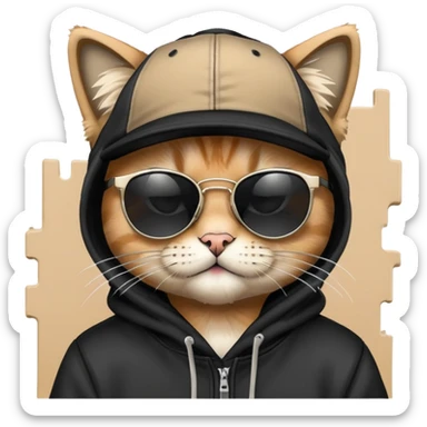 cat wearing a black snapback cap, black hoodie, and black sunglasses low on his nose that he is peering over, doing graffiti art with spray paint, street art style sticker