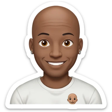 bald black man with full face tattoos, smiling, wearing a t-shirt sticker