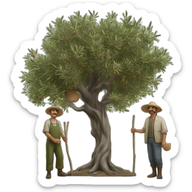Hyperrealist olive tree and andalusian farmers with a stick sticker