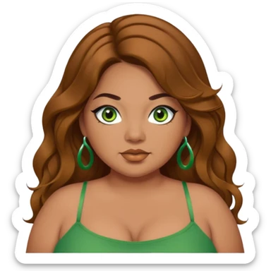 Baddie bratz girl with middle parted long wavy brown hair. green eyes. Plus size. Green spaghetti strap top. Black eyeliner sticker
