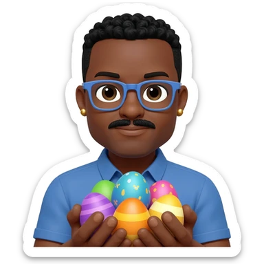 Black man with blue glasses, mustache,  stud earrings, and Easter eggs sticker