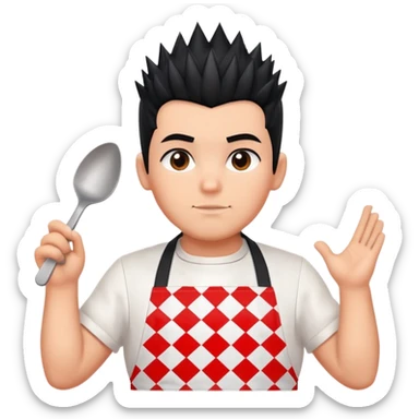 big boy with black spiky hair styled upward, wearing a white apron with red squares pattern sticker