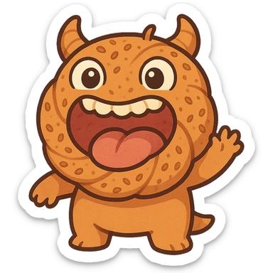 playful Turkish simit monster with a simit as its mouth, cartoonish eyes, fun whimsical expression sticker