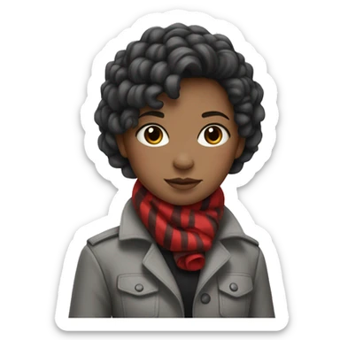 A girl with black gathered hair. A white shirt and a grey jacket. around the neck is a scarf of dark gray flowers with white and red stripes sticker