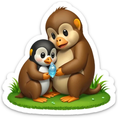 A monkey melting and crying while having a penguin on its head and both of them are touching grass sticker