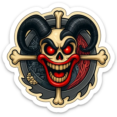Transform the skull in the mechanical skull and crossbones sticker to have evil clown skull features: glowing red eyes, exaggerated grinning mouth with red lips, and black ram horns. Use retro sticker style with bold outlines and vibrant colors. sticker