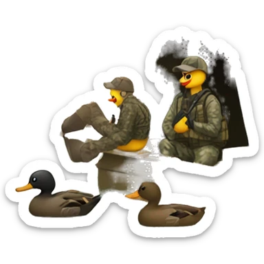 People in camo sitting in a duck blind with decoys in front of them in the water sticker