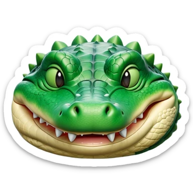 Meme-Worthy Cute Sleeping Crocodile Portrait Emoji, Head resting peacefully with a contented smile, showcasing a robust, powerful build and a luxuriously soft textured emerald-green hide, eyes shut in a serene, restful nap, Simplified yet hilariously adorable features, highly detailed, glowing with a soft, drowsy light, high shine, relaxed and utterly lovable, stylized with an air of playful laziness, bright and heartwarming, soft glowing outline, capturing the essence of a comically sleepy crocodile, so meme-worthy it feels like it could instantly become the next viral sensation of adorable reptilian slumber! sticker
