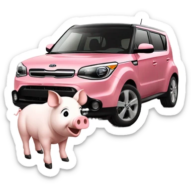 Pig in front of a 2024 white kia soul sticker