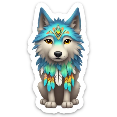 Fluffy Shy Colorful Spiritual Wolf With Shiny Tribal Markings wearing feathers Full Body sticker