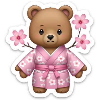 A cute light-brown bear wearing a pastel pink sakura-patterned kimono, normal balanced body ratio.  
Arms crossed with a slight pout, daring “wanna get scolded?” expression.  
Kawaii emoji style, minimalistic clean sticker illustration, white background.
 sticker