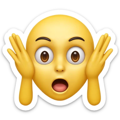 A 3D glossy yellow emoji of a shocked horrified face, with mouth and eyes are wide open, eyebrows  raised, and hands against their face, black background, high quality, soft studio lighting sticker