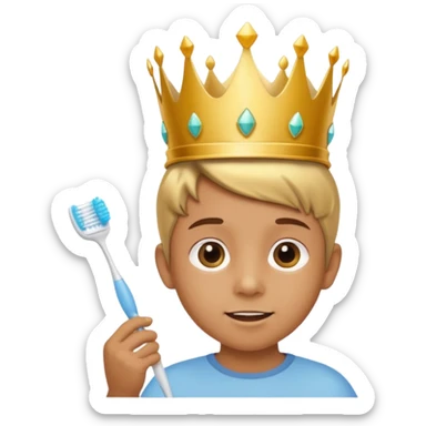 Creat an emoji for child with wearing small crown and flying holding toothbrush sticker