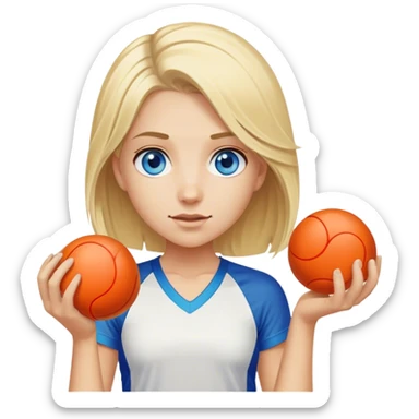 Blond girl with hair parted in the middle of her head and blue eyes holding a pickleball sticker