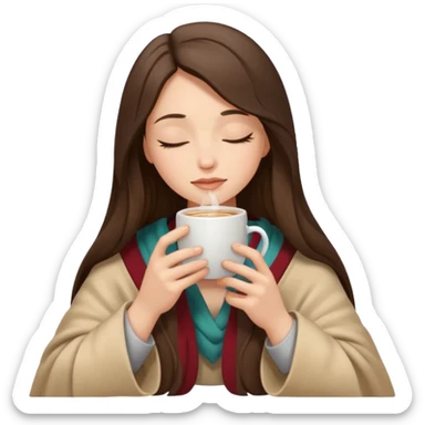 Brunette girl long hair inside a beige blanket sipping coffee eyes closed sticker