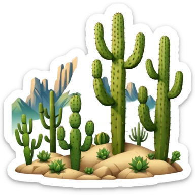 prickly pear cactus and saguaro cactus with mountains in background sticker