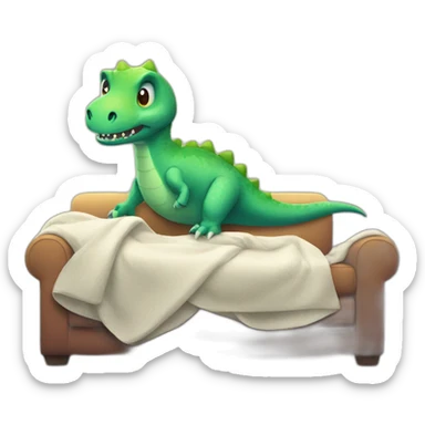 fever sick dinosaur on the sofa under blankets sticker
