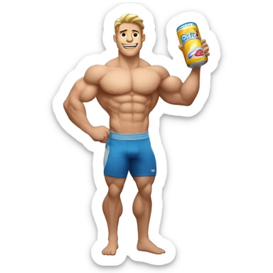 Pumped up white shirtless athlete holding a can of protein sticker