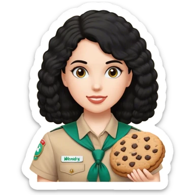 white girl scout selling cookie at Wendy’s big black hair and Wendy’s logo sticker