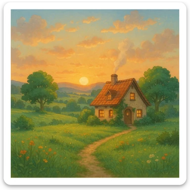 dream life as a peaceful landscape with a cozy house, sunrise, and nature, in ghibli style sticker