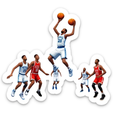 An icon featuring a basketball court with players in action, inspired by NBA 2K25. A player jumps for a dunk, with the ball mid-air. Bright lights illuminate the court, symbolizing the excitement of sports simulation games. Transparent background emphasizes the energy. sticker