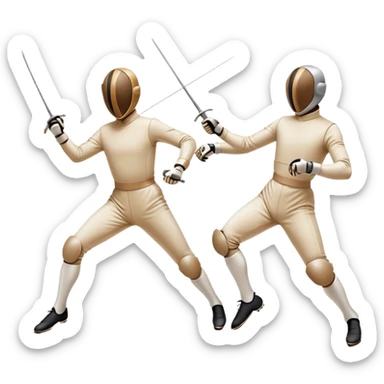 Two fencers in symmetrical stances, with crossed épées in front of them. Their forms are elegant and precise, showcasing the balance and strategy of fencing. The background features a blurred fencing piste, with subtle motion lines to emphasize the elegance and speed of the sport. sticker