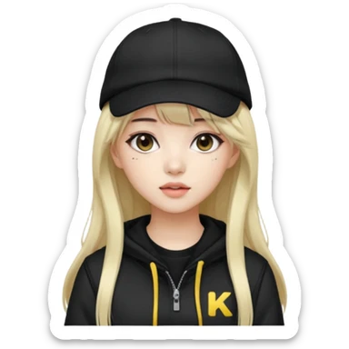 Portrait of a female K-pop idol, wearing a stylish streetwear outfit with layered clothing, long hair with bangs, makeup, wearing a black cap sticker