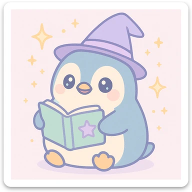 a chubby penguin with a wizard hat, magical sparkles around, and a book of spells sticker