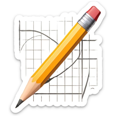 A pencil is placed over a sheet of paper grid, representing the sketching phase of a logo sticker