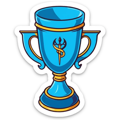 Harry Potter film accurate Triwizard Cup trophy, wide chalice with faceted design, two elaborate serpent handles on sides, glowing blue sticker